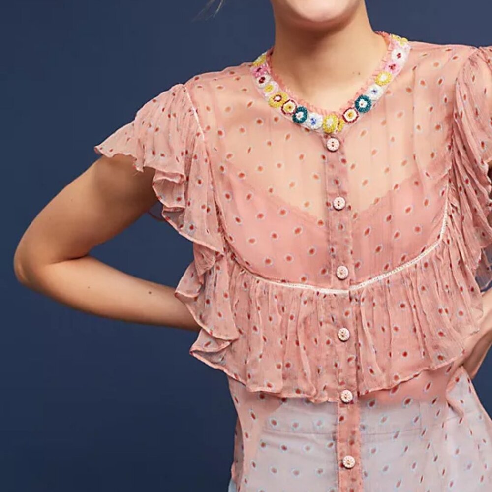 Varun Bahl Beaded Ruffled Nude Pink Polka Dot Sheer Cupro Button Up Blouse XS